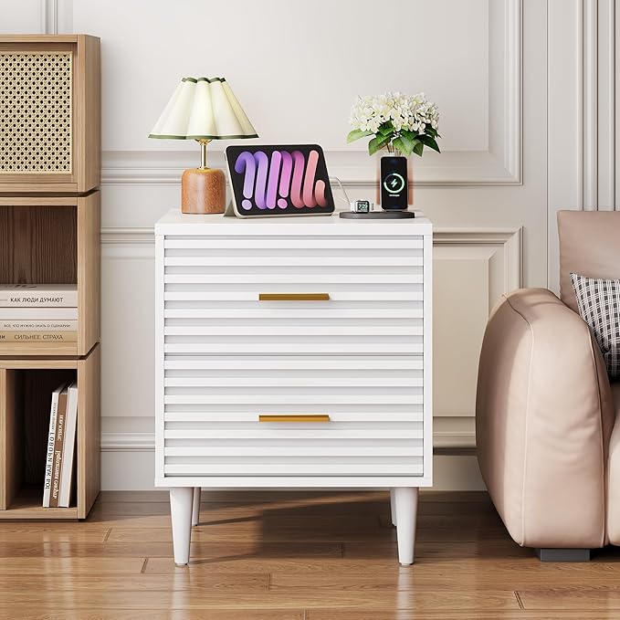 Alohappy Night Stand with Charging Station, Bedside Table with 2 Drawers, Mid Century Modern End Table, Bed Side Table with USB Ports and Outlets, Nightstand for Bedroom, White 1pc