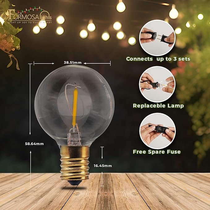 G40 26ft Indoor/Outdoor Clear LED Christmas String/Patio Lights with 25 Bulbs and E12 Base | 120V, 0.6W