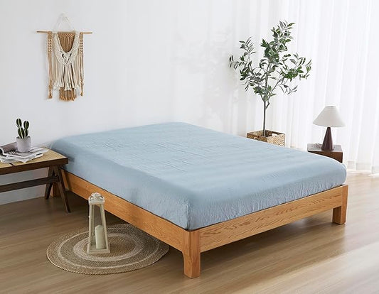 100% Linen Fitted Sheet Queen(1 Piece), 15 Inch Deep Pocket Mattress Cover French Flax Stone Washed Farmhouse Soft Breathable Bottom Sheets(Blue, Queen)