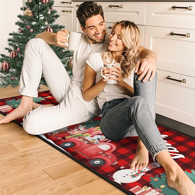 Buffalo Plaid Red Truck Christmas Kitchen Rugs 2 PCS, Merry Christmas Kitchen Rug, Non Skid Washable Soft Comfort Kitchen Rugs Set (17"x47"+17"x30",Merry Christmas)
