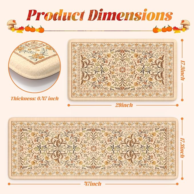 Collive Kitchen Mats for Floor, Cushioned Anti Fatigue Mat Non Skid Waterproof Kitchen Rugs Set of 2, Fall Orange Floral Comfort Standing Rug for Sink, Laundry, Home Decor, 17"x29"+17"x47"