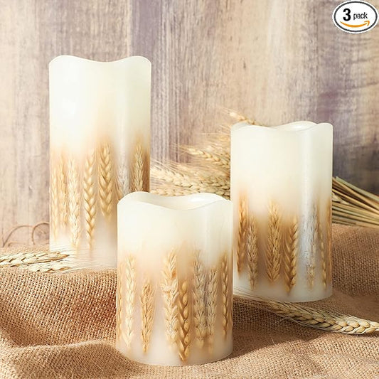 3 Pack Wheat Flickering Candles, Fall Decor Flameless Candles, Farm House Realistic Pillar Candle with Remote&Timer for Havest Celebration,Fall Decor, Home, Party