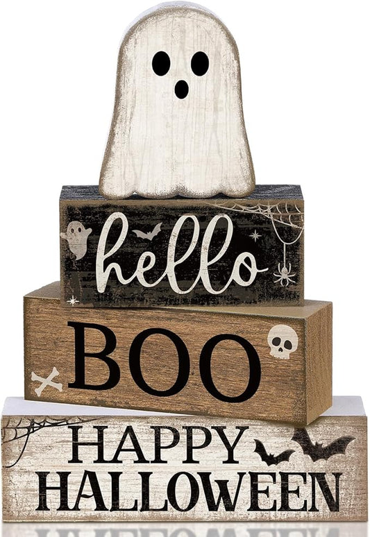 4 Pcs Halloween Table Decoration Wooden Ghost Tiered Tray Decor Rustic Wood Surprised Ghost Block Signs Halloween Centerpiece Farmhouse for Home Tabletop Kitchen Shelf and Party Gift