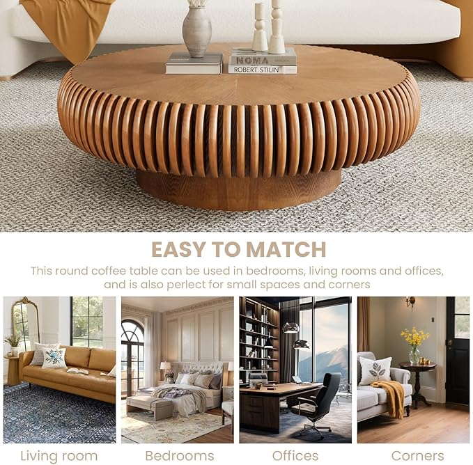 Fluted Drum Coffee Table Round Coffee Table for Living Room Mid Century Modern Coffee Tables with Sturdy Pedestal Circle Center Tea Table Accent Tea Table for Small Space Apartment (39.4inch Brown)