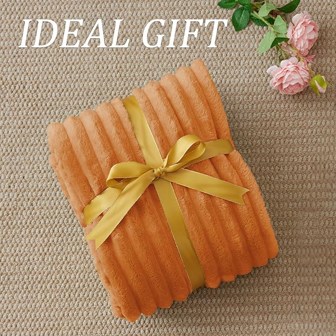 BEDELITE Fall Throw Blanket for Couch - 300GSM Soft & Warm Fluffy Fleece Blanket, Decorative and Giftable Burnt Orange Striped Blankets for Women, Men, 50"x60"