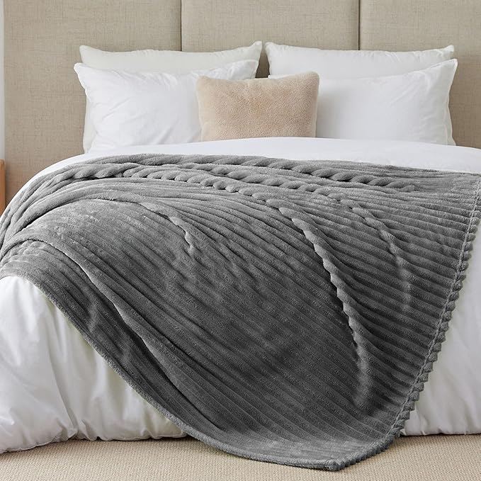 BEDELITE King Size Blanket for Bed, 300GSM Soft & Warm Fleece Blanket, Decorative and Giftable Striped Grey Blankets for Women, Men, 108"x90"