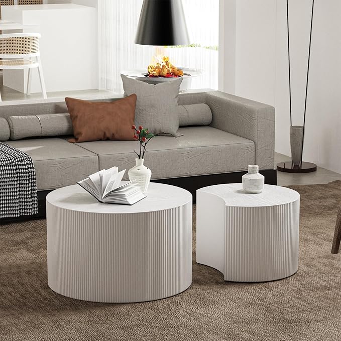 Round Coffee Table Set of 2 Modern Nesting Coffee Tables for Living Room Wave Stripe Round Coffee Table for Bedroom Office No Need Assembly (M)