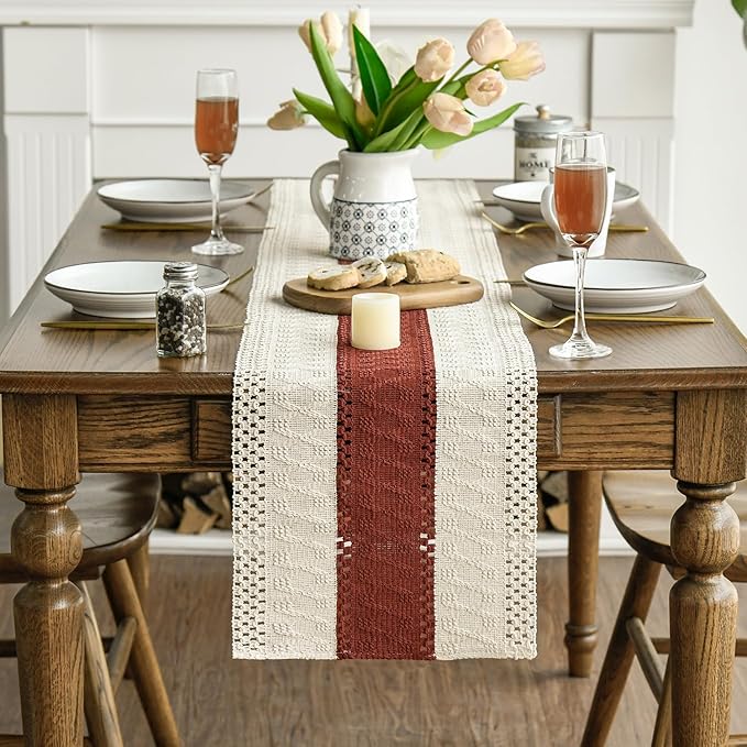 Artoid Mode Caramel Farmhouse Rustic Table Runner, Seasonal Holiday Hollow Kitchen Dining Table Decoration for Home Party Decor 12x72 Inch