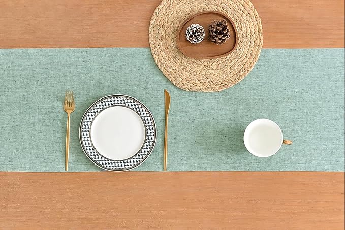 Wracra Linen Style Table Runner, Rustic Farmhouse Christmas Red Table Runners 48 Inches Long, Handcrafted Table Runner for Fall, Winter - Everyday Use and Machine Washable, Light Green 48"