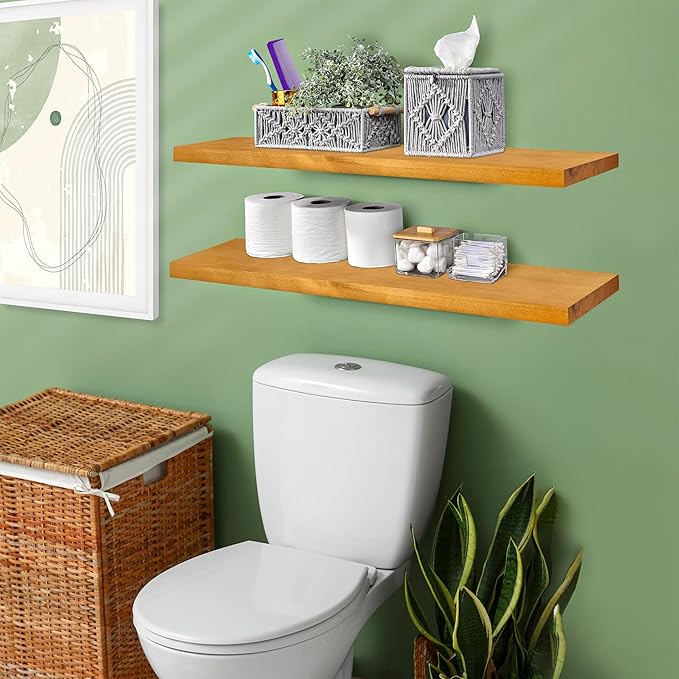 Sorbus 35' Maple Wood Floating Shelves - Set of 2, Solid Pine, Wall Mounted, Rustic Style, Bathroom & Bedroom