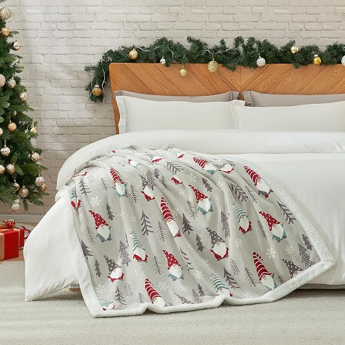 Cozy Bliss Gnome Throw Blanket Christmas Sherpa Blanket Warm Reversible Plush Throw Blanket,Ultra Soft Cozy Blanket for Couch,Sofa and Bed(Xmas Gnome,50"x60")