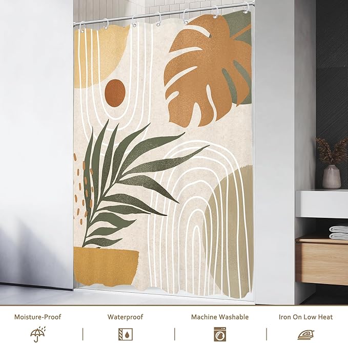 Glawry Beige Green Boho Shower Curtain Small Stall Abstract Mid Century Plant Tropical Palm Leaf Modern Minimalist Bathroom Geometric 48Wx72L Inches Bath Accessories Art Home Decor Fabric 8 Pack Hook
