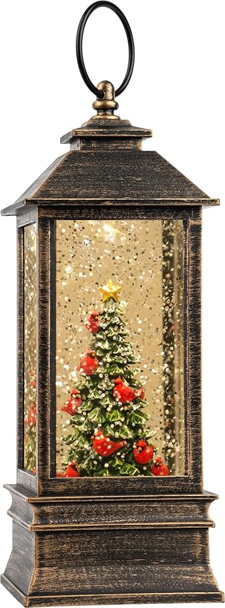 10" Lighted Christmas Tree Cardinal Music Snow Globe Water Lantern with Swirling Glitter Decoration for Christmas Home, Living Room, Battery Operated or USB Powered