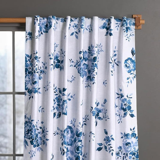Maison d'Hermine Curtains for Living Room 100% Cotton 84 inch Length One Panel Window Curtains for Bedroom with Loop & Rod Pockets - Rose Garden - Blue, 50" W x 84" L