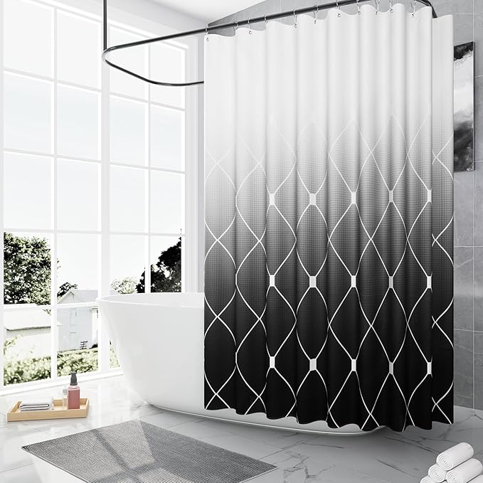 Black Shower Curtain, Ombre Waffle Weave Textured Fabric Shower Curtain for Bathroom, Water Repellent, Machine Washable, 108x72