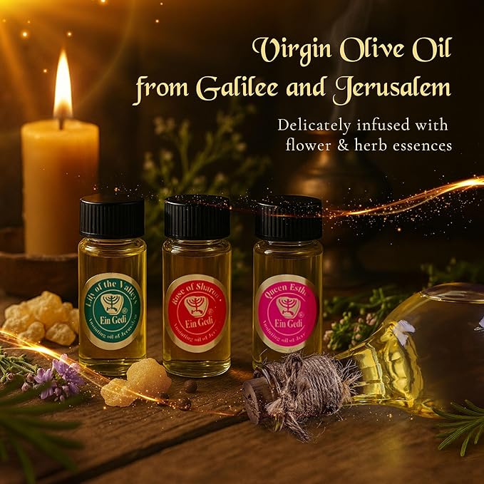 Anointing Oil for Prayer 3 Bottles Set 10ml/0.34oz Each Bottle - The Original Perfumes of The Bible Lily of The Valleys, Rose of Sharon and Queen Esther - Made in The Holy Land - by Ein Gedi