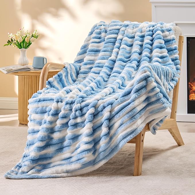 BEDELITE Fleece Throw Blanket for Couch - 300GSM Soft & Warm Fluffy Tie-dye　Blue Blanket, Decorative and Giftable Striped Blankets for Women, Men, 50"x60"
