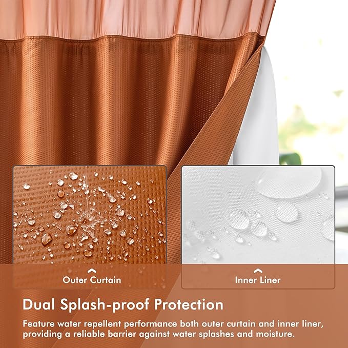 Mrs Awesome No Hook Shower Curtain with Snap-in Liner, Embossed Waffle Design Fabric Shower Curtain for Bathroom, Soft & Lightweight, 71x74, Taerracotta