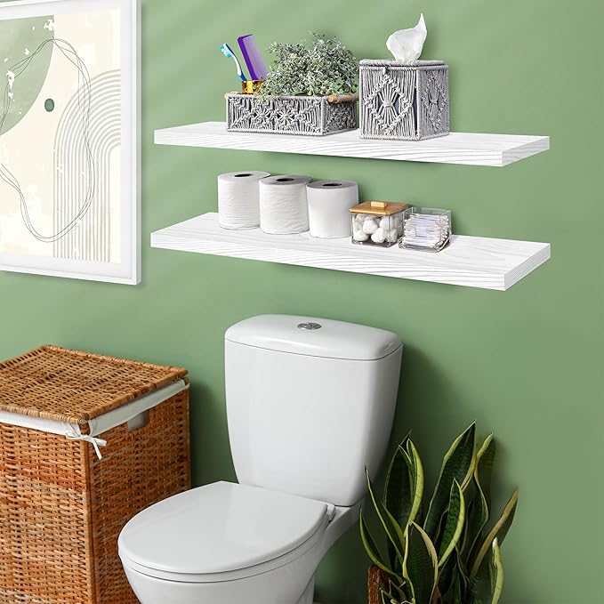 Sorbus Wood Floating Shelves for Wall - 35” Solid Wood Wall Shelves for Bathroom Decor, Books, Bedroom & Living Room - Set of 2 White Wall Mounted Kitchen Shelves - Durable Solid Pine