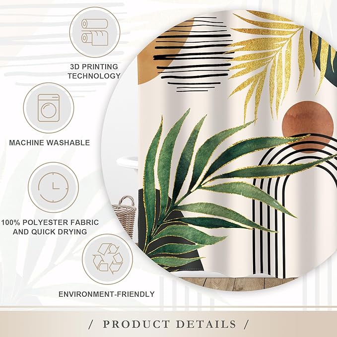 Glawry Boho Green Gold Shower Curtain Mid Century Tropical Palm Leaf Abstract Arch Bohemian Plant Botanical Bathroom Minimalist 60Wx72L Inches Bath Accessories Art Home Decor Fabric 12 Pack Hook