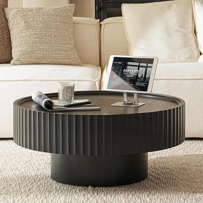 Round Coffee Table, Modern Living Room Tables with Mushroom Shape and Grooved Design, Large Coffee Tables, Circle Pinewood Center Table for Living Room, Apartment (Black, 31.8''L×13.7''H)
