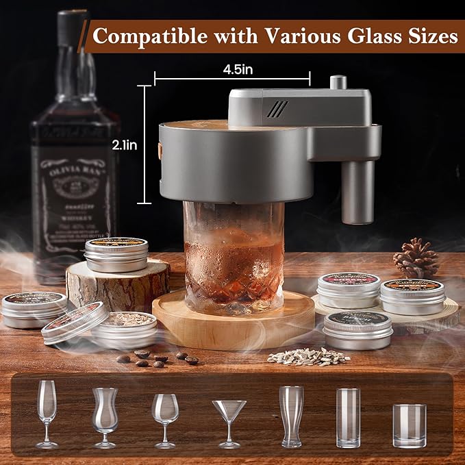Premium Whiskey Smoker Kit with Torch, 6 Flavors Wood Chips, 2 Glasses, 2 Ice Ball Molds, Old Fashioned Drink Cocktail Smoker Kit, Birthday Bourbon Gifts for Men, Dad, Husband, Sliver Grey (NO Butane)