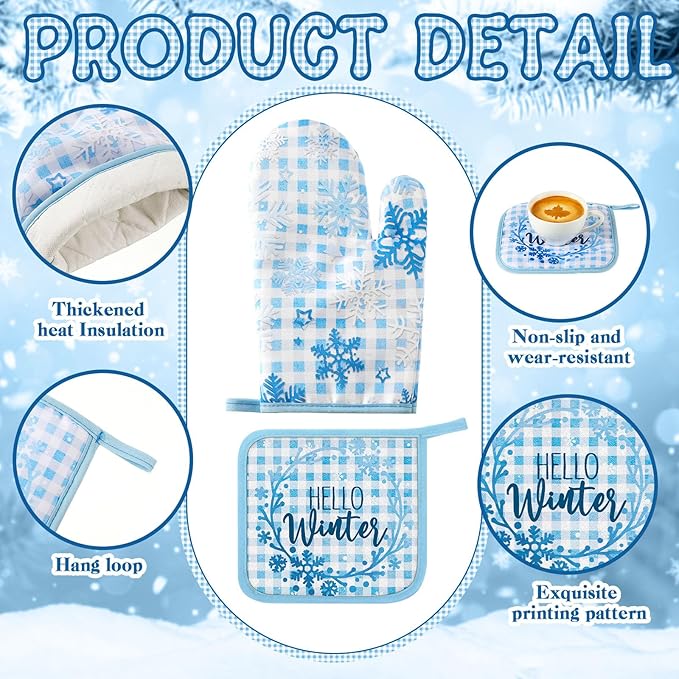 10 Pcs Christmas Kitchen Decor Set Kitchen Towels and Rugs Oven Mitts Pot Holders Absorbent Towels for Baking Cooking BBQ Gifts Home Decor(Blue,Snowflake)