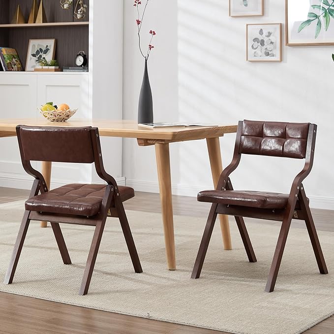 2-Pack Folding Dining Chairs with Cushion,Faux Leather Padded Foldable Dining Chairs,Portable Wooden Folding Chairs for Dining Rooms Kitchen Wedding and Party Indoor Brown