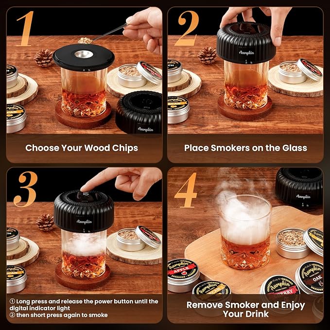 Electric Whiskey Smoker Kit with Built-in Lighter, Rechargeable & No Butane Needed, Includes 6 Wood Chips for Old Fashioned Cocktails, Bourbon Whiskey Gifts for Men/Dad/Husband,Black