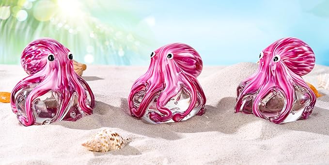 EUSTUMA Hand Blown Glass Octopus Figurine Ornament,Sea Animal Ornament for Fish Tank Aquarium,Sea Animals Collection for Birthday Gift,Glass Office Paperweight for Desk.