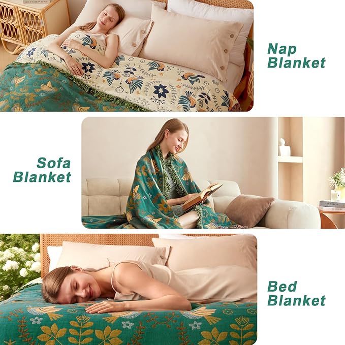 Boho Throw Blanket 90"x90", Soft Cozy 100% Cotton Blanket for Bed, Fall Blankets with Floral Bird Farmhouse Decor Breathable Lightweight Queen Size All Season