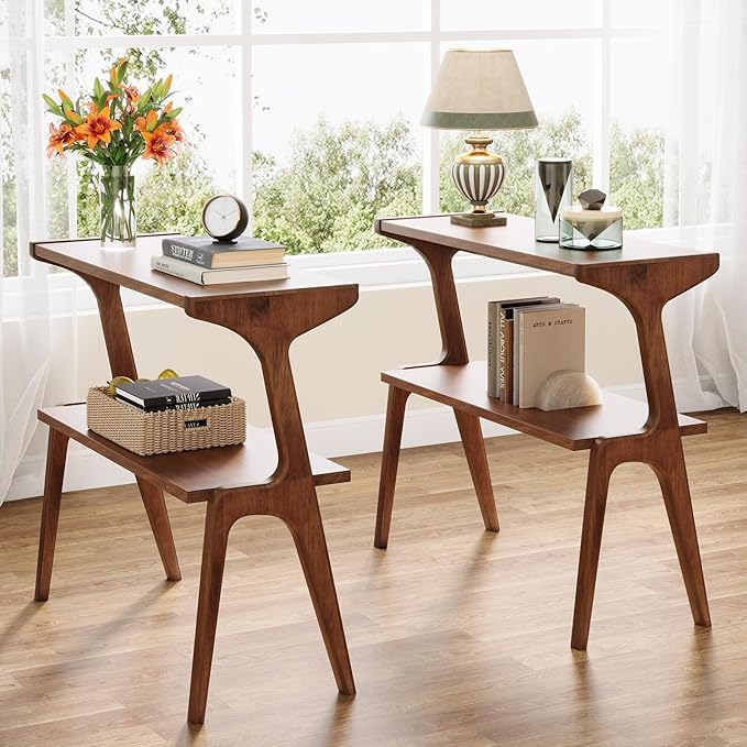 Tribesigns Set of 2 Wood End Table, Farmhouse Narrow Side Table with Storage Shelves, 2-Tier Slim Couch Side Table for Living Room, Long Bedside Table for Bedroom, Small Spaces, Rustic Brown