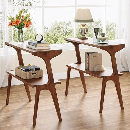 Tribesigns Set of 2 Wood End Table, Farmhouse Narrow Side Table with Storage Shelves, 2-Tier Slim Couch Side Table for Living Room, Long Bedside Table for Bedroom, Small Spaces, Rustic Brown