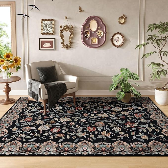 Rugcomf Vintage Paisley Rugs for Bedroom 4'x6' - Machine Washable Area Rug, Non-Slip Low Pile Floral Carpet for Girl/Boys Room, Living Room, Kids, Entry - Black