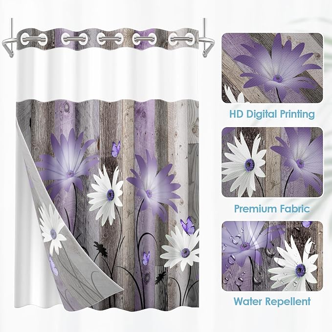 No Hook Rustic Farmhouse Shower Curtain with Snap in Fabric Liner Set, Purple Daisy Flowers and Butterfly on Wooden Double Layers Waterproof with See Through Top Bath Curtain 71x74 Inch