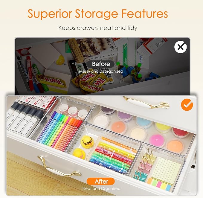 Criusia Drawer Organizer, 10 Pack Large Clear Plast Set, 3 Size Versatile Bathroom and Vanity Organizer Trays, Storage Bins for Makeup, Bedroom, Kitchen Utensils