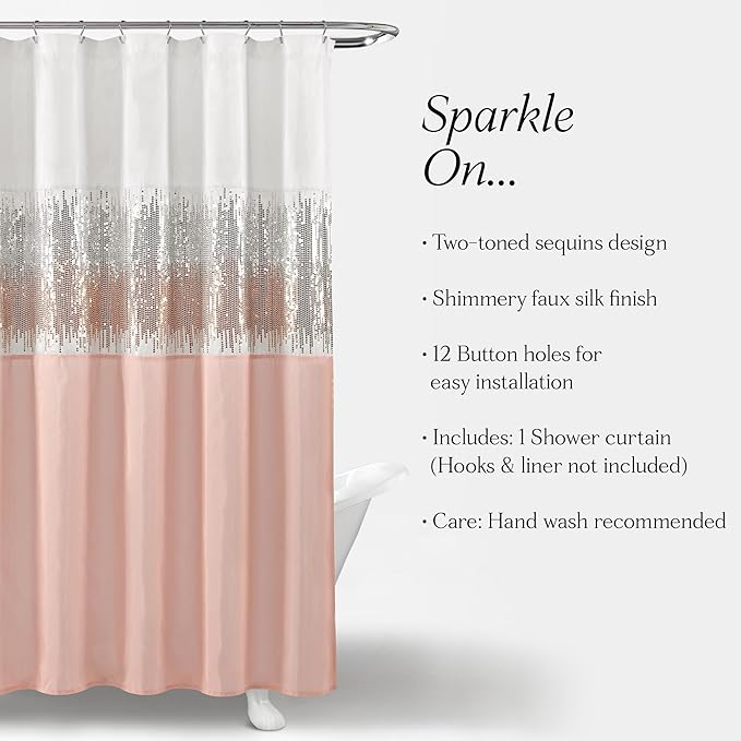 Lush Decor Night Sky Shower Curtain, Single, 72" W x 72" L, White & Blush - Sequin Shower Curtain - Sparkly Color Block Bath Curtain - Modern Glam Bathroom Decor