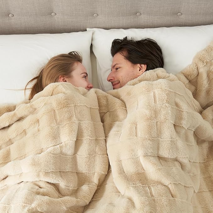 Cozy Bliss Fluffy Faux Fur Blanket King Size for Bed, Fuzzy Soft Striped Plush Blanket, Thick Throw for Bedroom Couch Gift, 108x90 Inches Beige