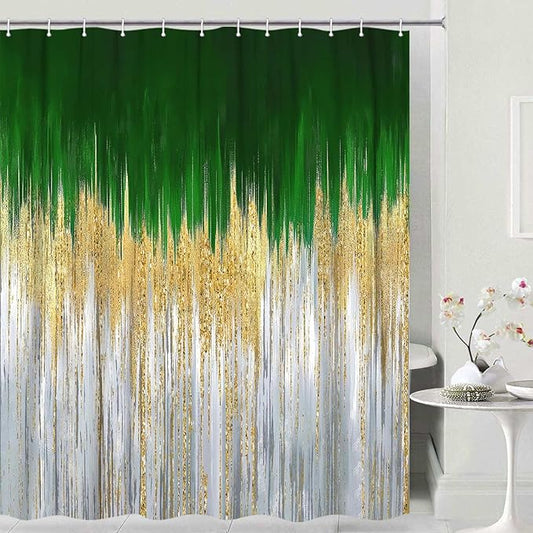 JAWO Abstract Green Shower Curtain, Lake Blue Boho Ombre Minimalist Chic Art Shower Curtains, Modern Neutral Contemporary Striped Brush Strokes Tan Art Waterproof Bathroom Curtain with 12 Hooks