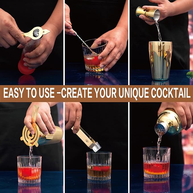 Cocktail Shaker Set Stainless Steel Bartending Kit 18.6oz Cocktail Bar Set Cocktail Mix Drink Making Kit Professional Bar and Home Drink Bar Tools for Bartender (Gold, 7Pcs)