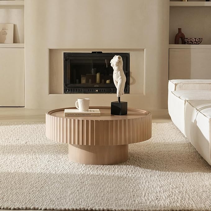 Round Coffee Table, Modern Living Room Tables with Mushroom Shape and Grooved Design, Large Coffee Tables, Circle Pinewood Center Table for Living Room, Apartment (Gray, 31.8''L×13.7''H)