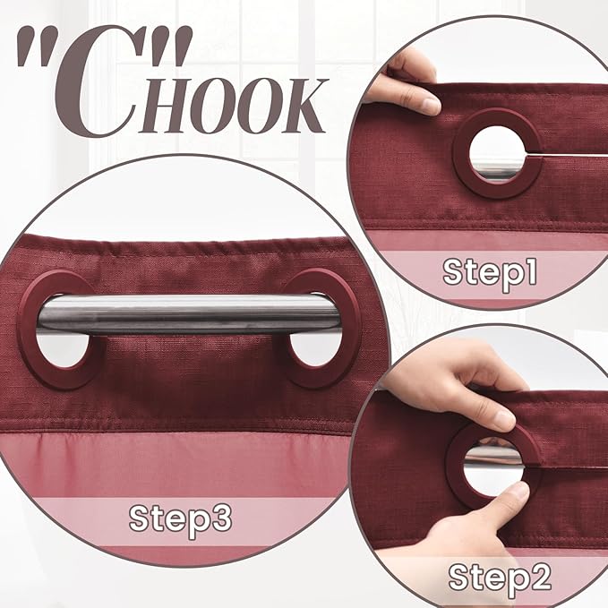 No Hook Slub Textured Shower Curtain with Snap in Liner - Burgundy Fabric Outer Curtain & Waterproof Inner Liner, Hotel Style with See Through Top Window, 71x74 in