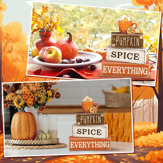 4 Pcs Fall Tabletop Decor Fall Cup Decoration Autumn Tiered Tray Decor Rustic Wooden Cup Block Sign Gift Thanksgiving Centerpiece Farmhouse Autumn Decoration for Harvest Party Kitchen Home