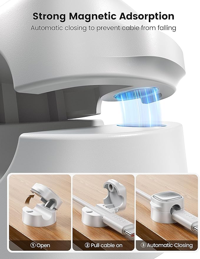 6 Pack Magnetic Cable Clips – Cord Organizer & Holder, Toocki Adhesive Cable Management, Wire Holder for USB Charging Cables, Ideal for Home, Office, Car, Desk, and Nightstand-White
