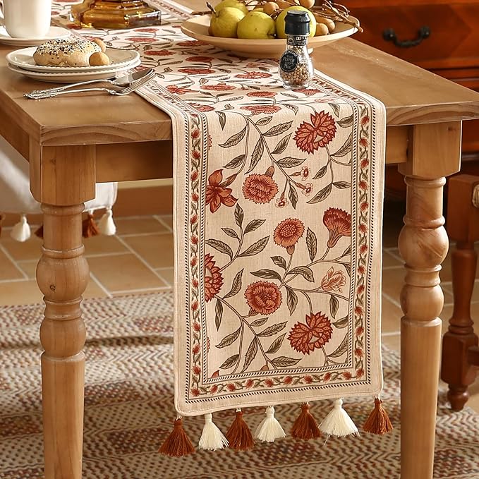 ISAENNE Designer Elegant Linen Table Runner 87 Inches Long,Vintage Orange Floral Pattern Table Runners for Dining Tables,Kitchen Decor,Thanksgiving,Christmas,Banquet,12"*87"-Alvarado A
