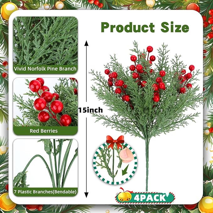 4 Bundles Artificial Christmas Flowers with Red Berry Stems, Fake Norfolk Pine Garland Branches for Winter Decor, Faux Christmas Garland Tree Picks and DIY Crafts