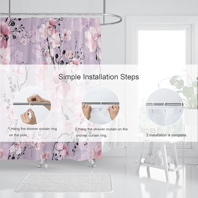 Domoku Pink Cherry Blossom Shower Curtain, Japanese Watercolor Flower Decoration Set, Easy Care Waterproof Machine Washed Durable Polyester Fabric, 72" x72"