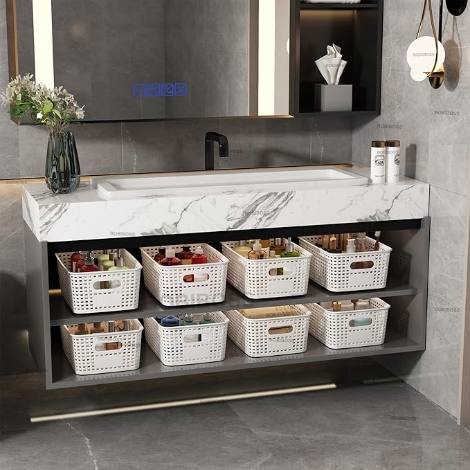 White Plastic Storage Baskets with Lids 10 Pack Stackable Storage Bins Containers for Shelves Organizing, Cute Decorative Storage Boxes for Classroom, Playroom, Closet, Pantry