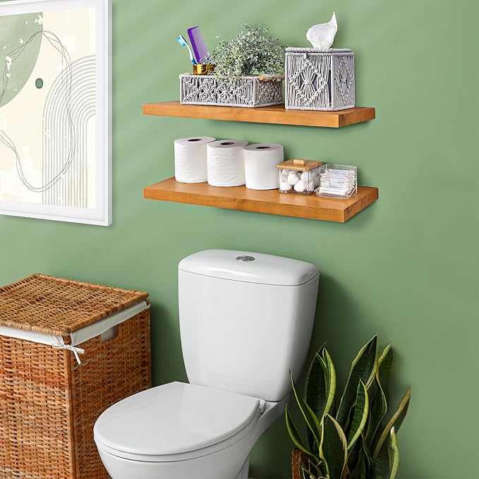 Sorbus Wood Floating Shelves for Wall - 24” Solid Wall Shelves for Bathroom, Bedroom & Living Room - Set of 2 Maple Wood Wall Mounted Shelves - Durable Solid Pine