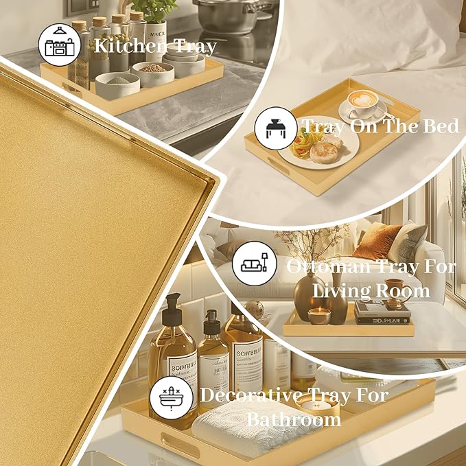 MAONAME Gold Decorative Tray for Coffee Table, Modern Serving Tray with Handles, Plastic Ottoman Trays for Living Room, Bathroom Decor, 15.8" L x 10.2" W x 1.4" H
